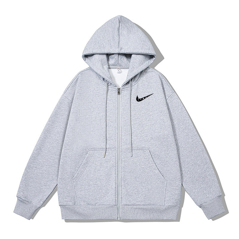 Black full-zip fleece-lined hoodie with drawstrings and kangaroo pocket