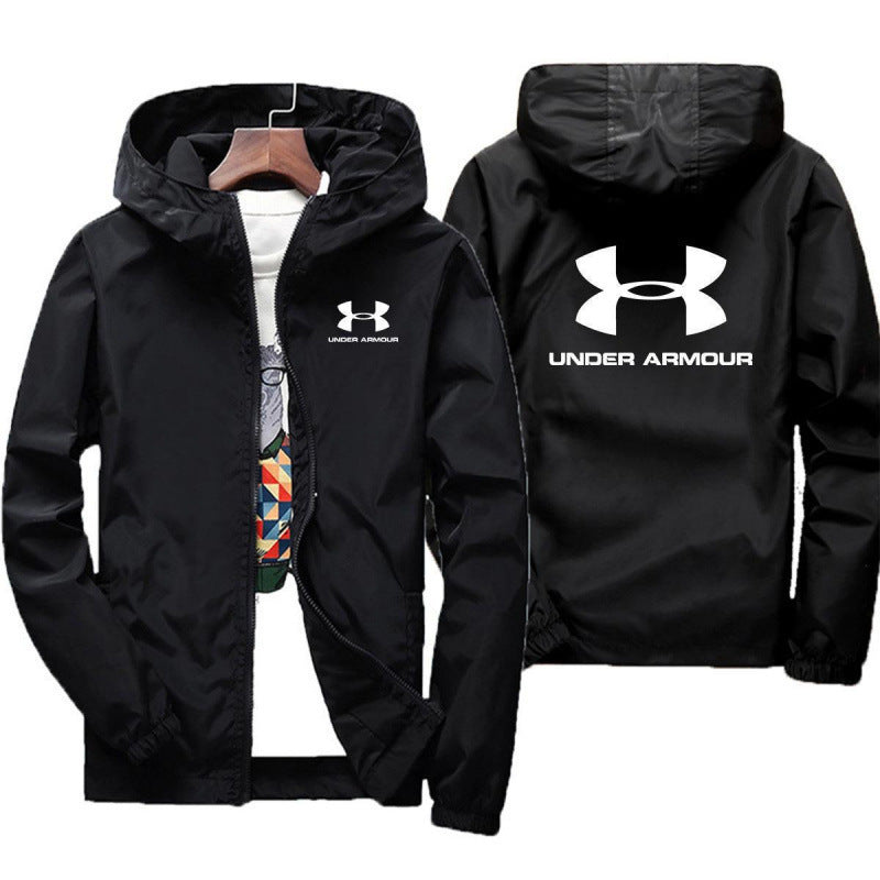 Black Hooded Windbreaker Jacket in Lightweight Nylon