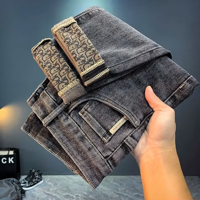 Dark Gray Stretch Denim Slim-Fit Jeans with Subtle Embroidered Detail