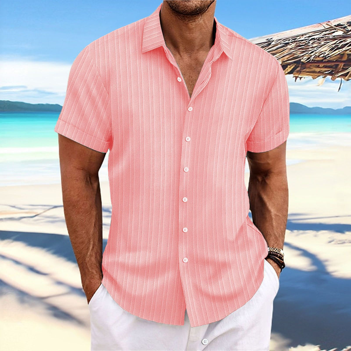 Jacquard striped short-sleeve cotton linen shirt