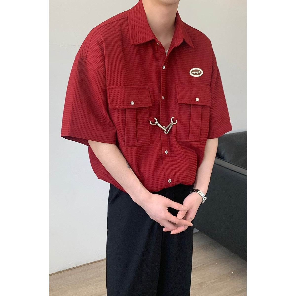 Short-Sleeve Waffle-Knit Button-Up Shirt in Black Red or Khaki