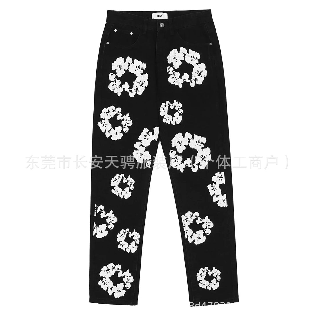 Black denim jacket with white floral embroidery