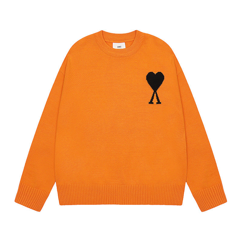 Men's round neck knit sweater with heart embroidery