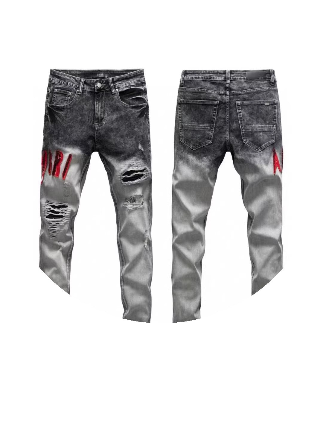 Distressed Straight-Leg Denim Jeans in Blue Black Gray or White