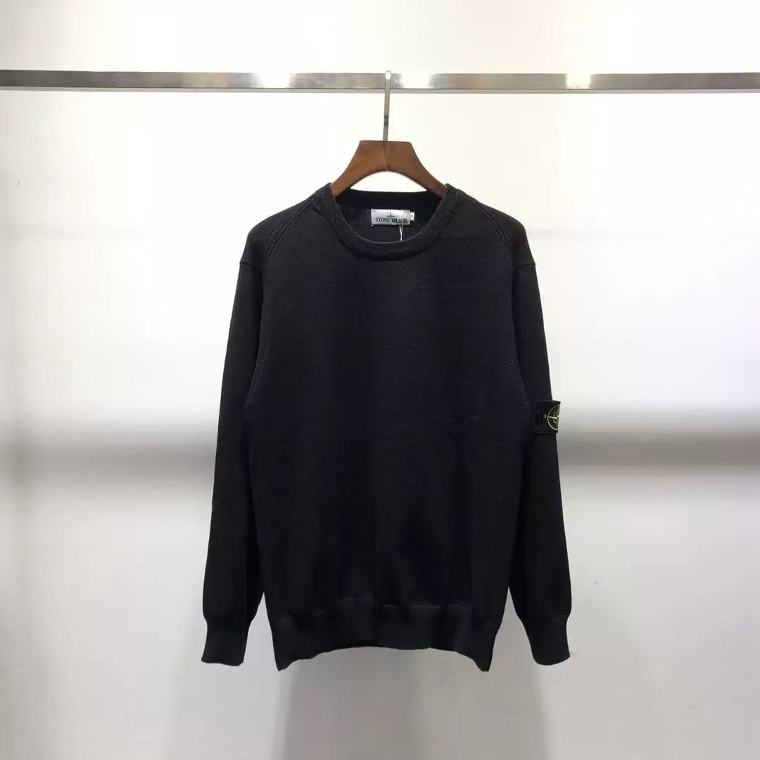 Ribbed Wool Crew Neck Sweatshirt in Light Gray with Embroidered Sleeve Detail