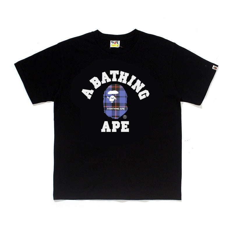Plaid-pattern cotton short sleeve tee with graphic print