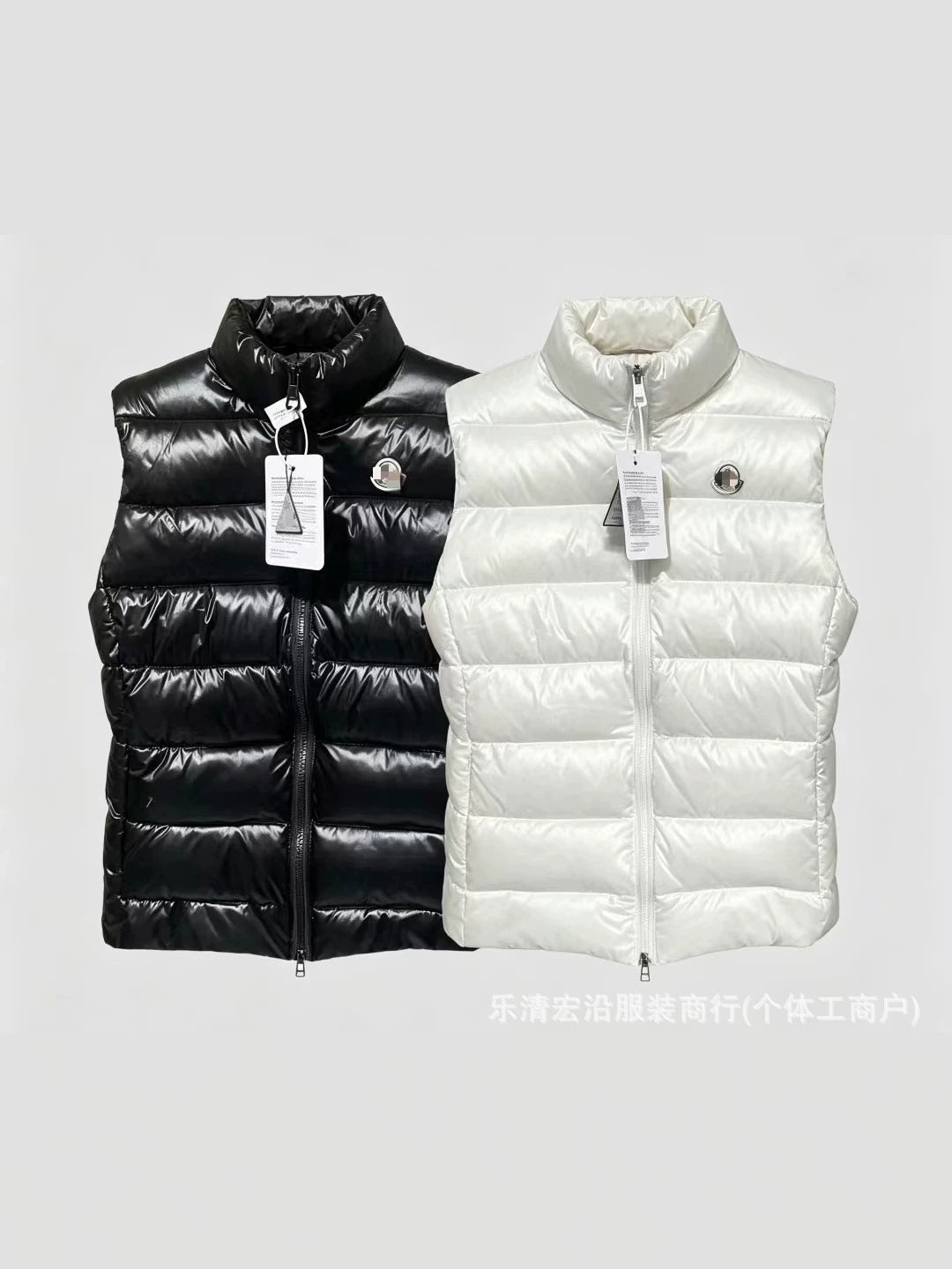 Ribbed Black Puffer Vest with Diagonal Zipper and Stand Collar