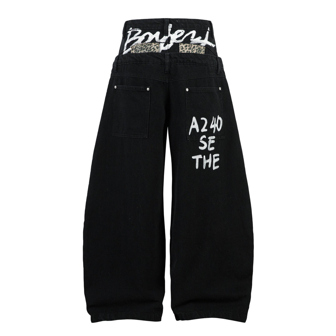 Black graffiti-print high-waisted wide-leg jeans