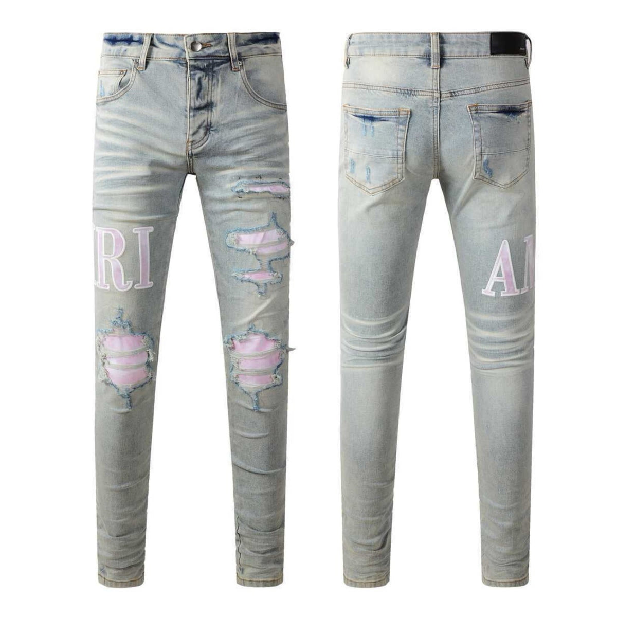 Distressed Straight-Leg Denim Jeans in Blue Black Gray or White
