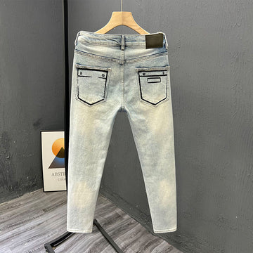 Dark Blue Patchwork Cuffed Slim Fit Denim Jeans
