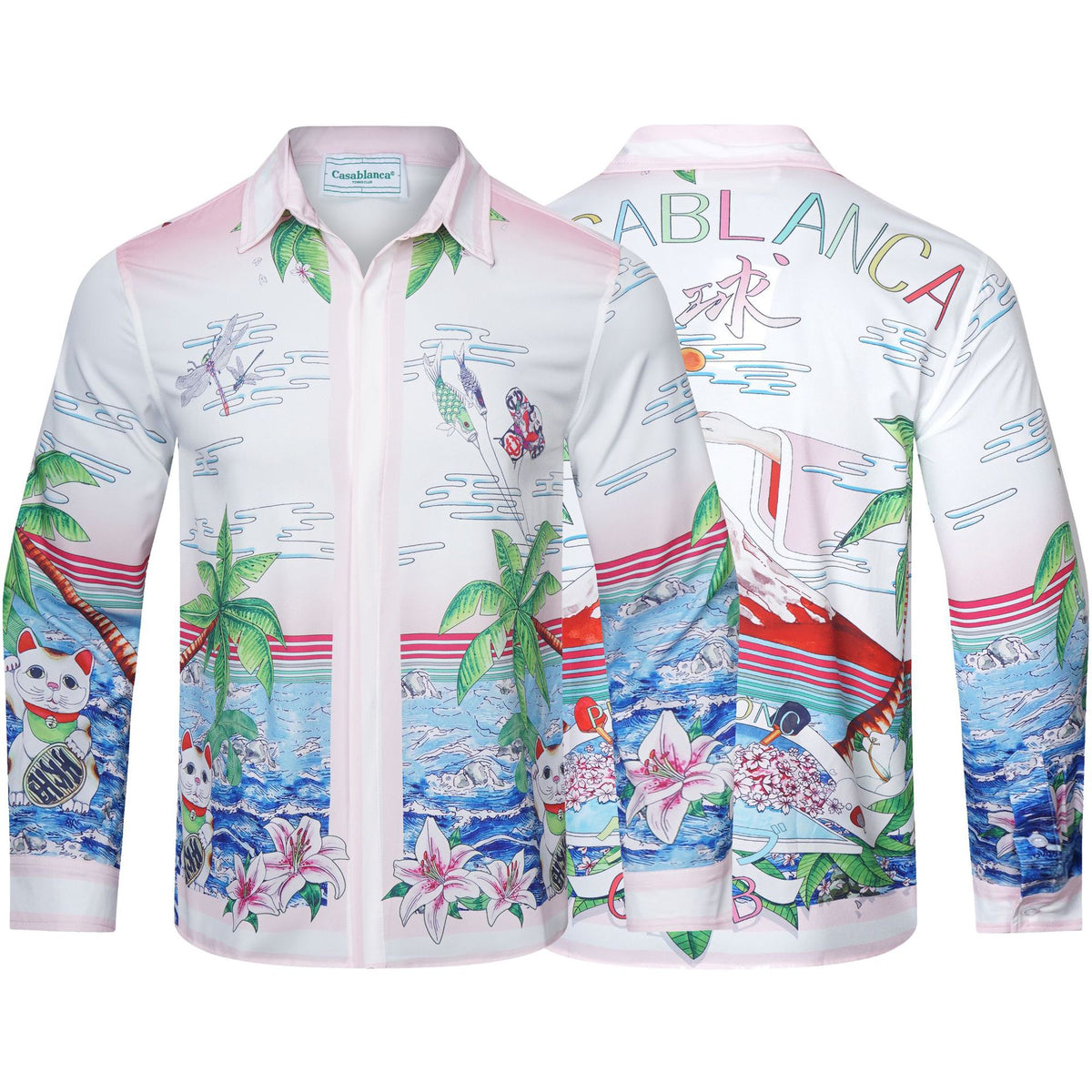 Long-sleeve checkered shirt with tropical graphic print and pastel trim
