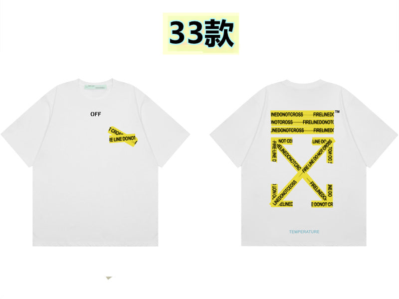 Round neck short sleeve cotton t-shirt with front 'Off' print and large back arrow graphic