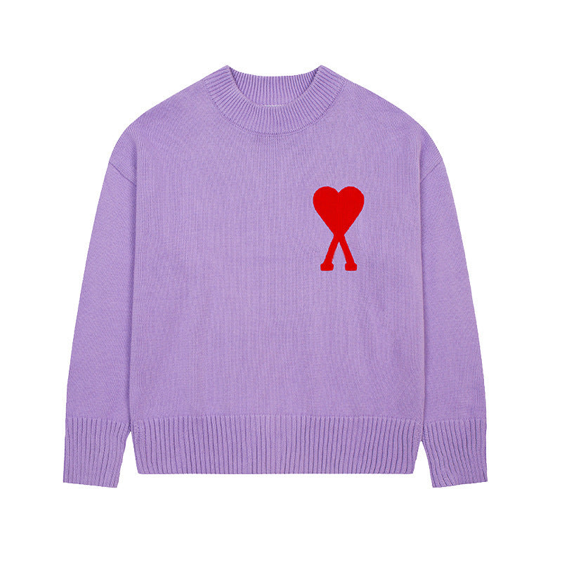 Men's round neck knit sweater with heart embroidery
