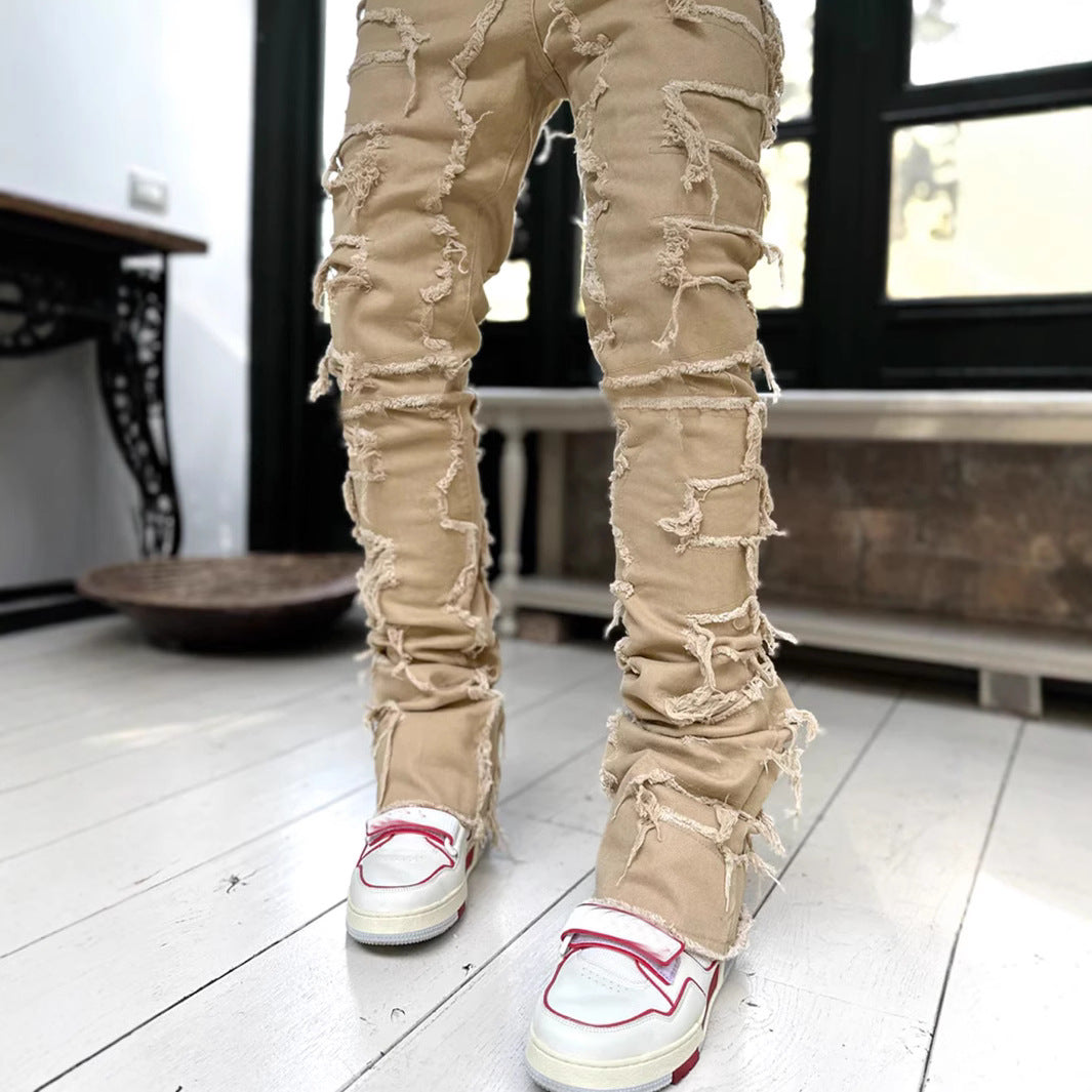 Light-Wash Distressed Straight-Cut Denim Pants
