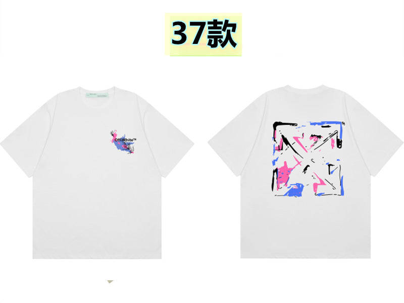 Round neck short sleeve cotton t-shirt with front 'Off' print and large back arrow graphic