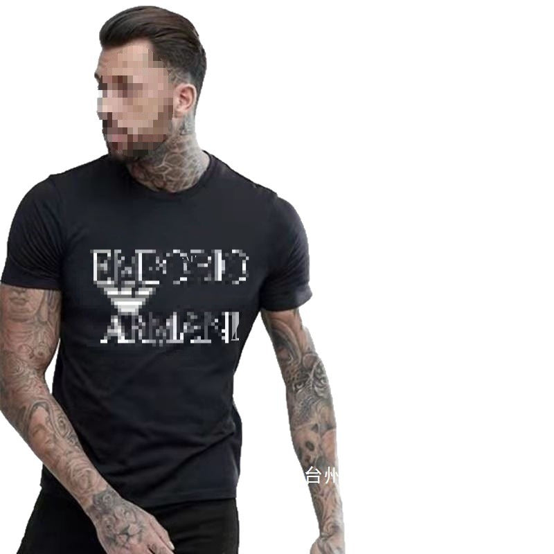 Black short-sleeve round-neck cotton t-shirt with subtle vertical metallic print