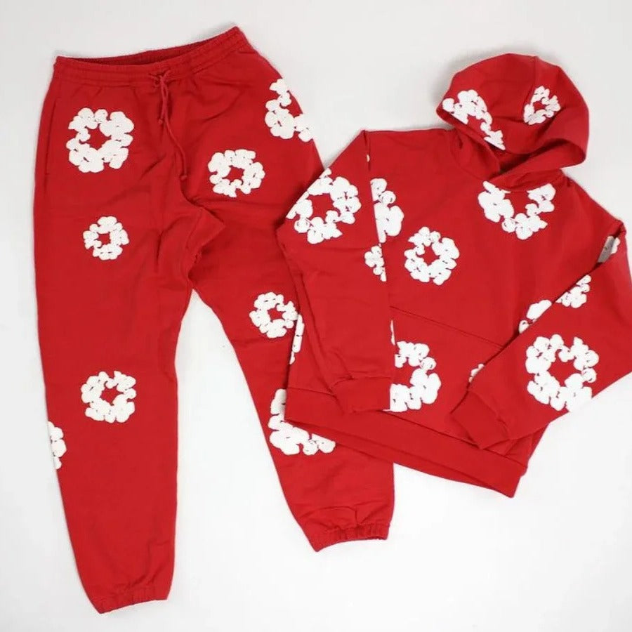 Floral foam-print pullover hoodie with hood and relaxed fit