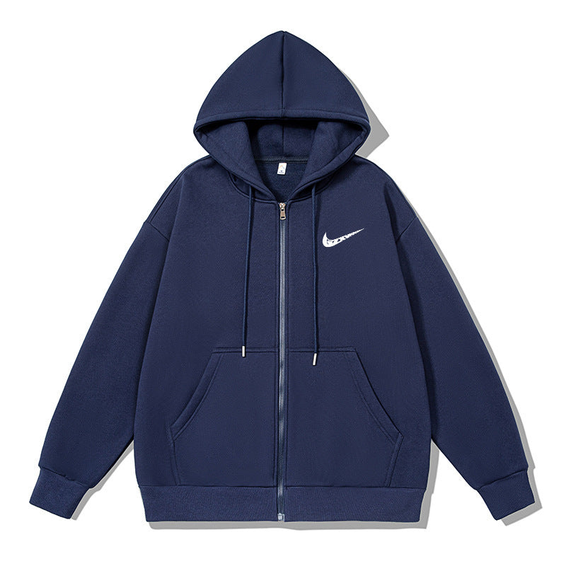 Black full-zip fleece-lined hoodie with drawstrings and kangaroo pocket