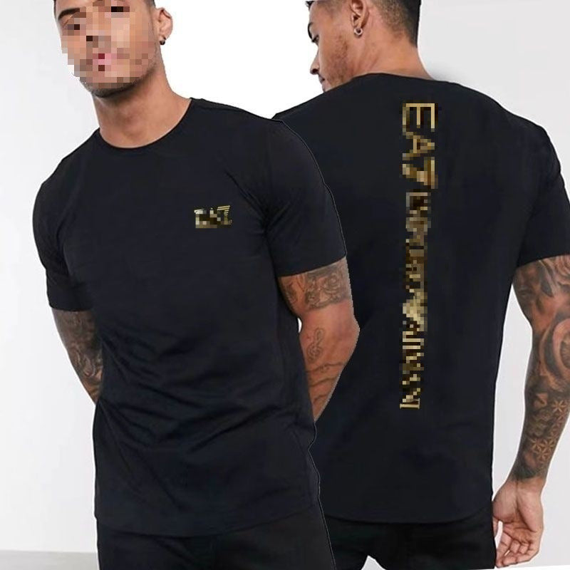 Black short-sleeve round-neck cotton t-shirt with subtle vertical metallic print