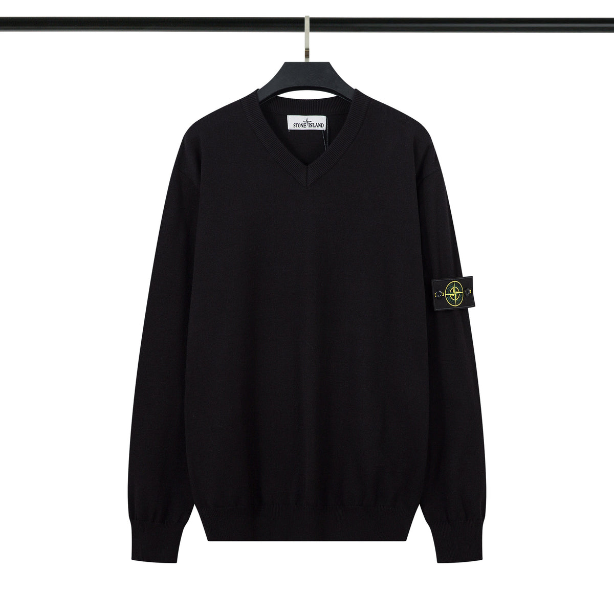 Ribbed Wool Crew Neck Sweatshirt in Light Gray with Embroidered Sleeve Detail