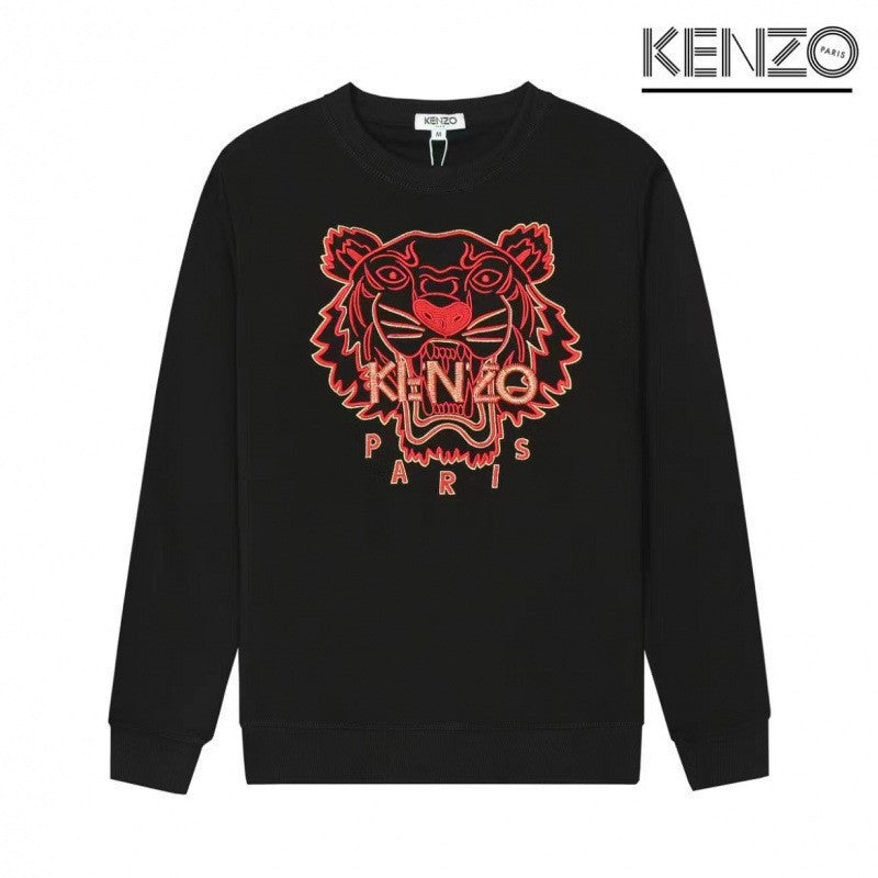 Black Terry Crewneck Sweatshirt with Embroidered Tiger Motif