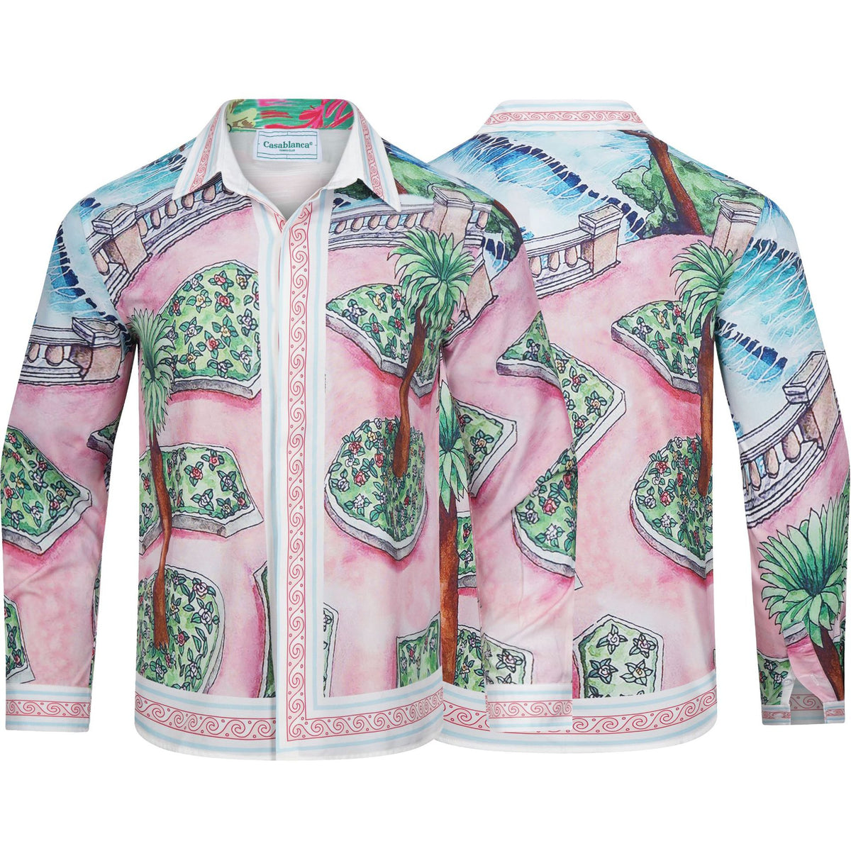 Long-sleeve checkered shirt with tropical graphic print and pastel trim