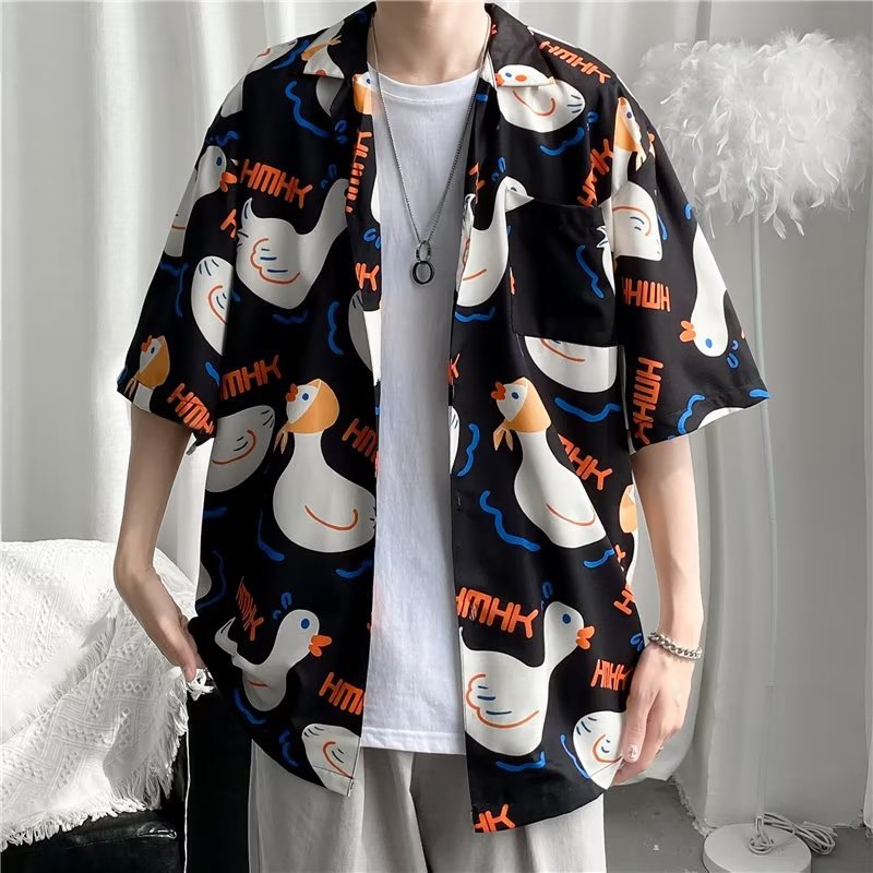 Tropical leaf print short sleeve button up shirt