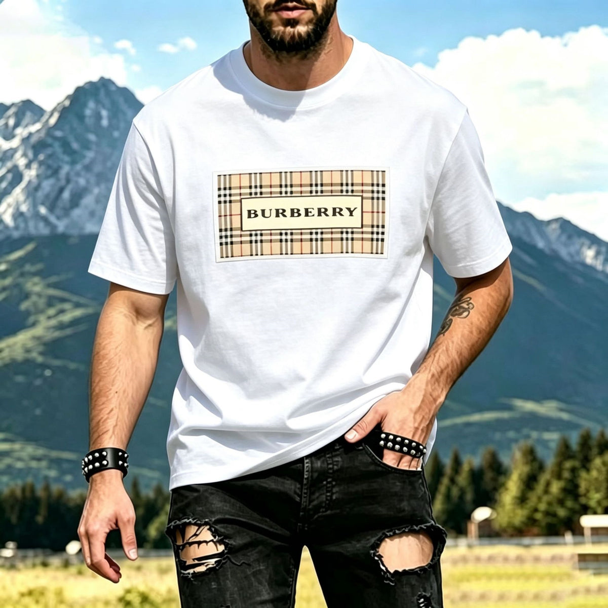 Men's Black Short Sleeve Crew Neck T-Shirt with Beige Plaid Check Graphic Print, Quick-Dry Ice Silk Mesh Fabric for Sports & Running