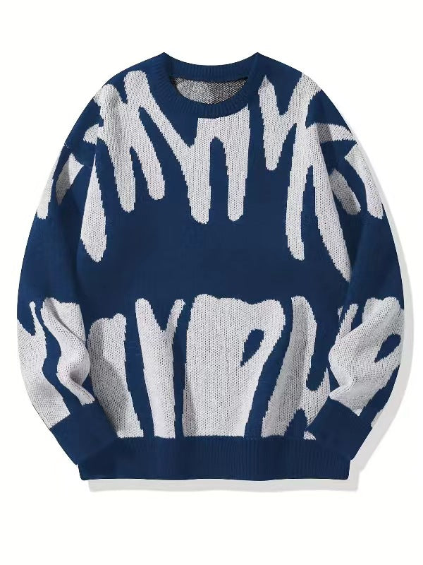 Men's Jacquard Knit Pullover Sweater - Loose Fit Crew Neck Long Sleeve - Blue/White