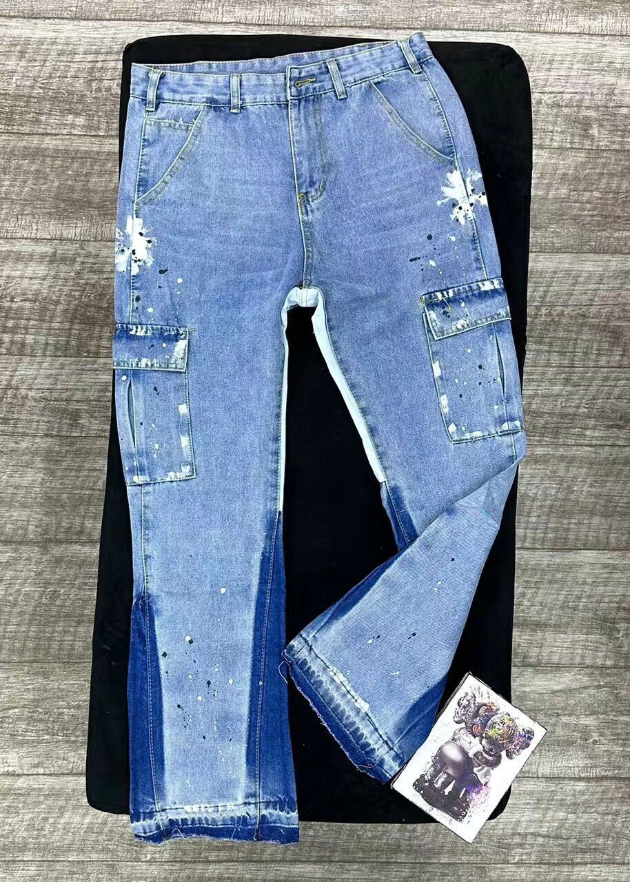 Black and Blue Paint-Splatter Side-Stripe Baggy Jeans
