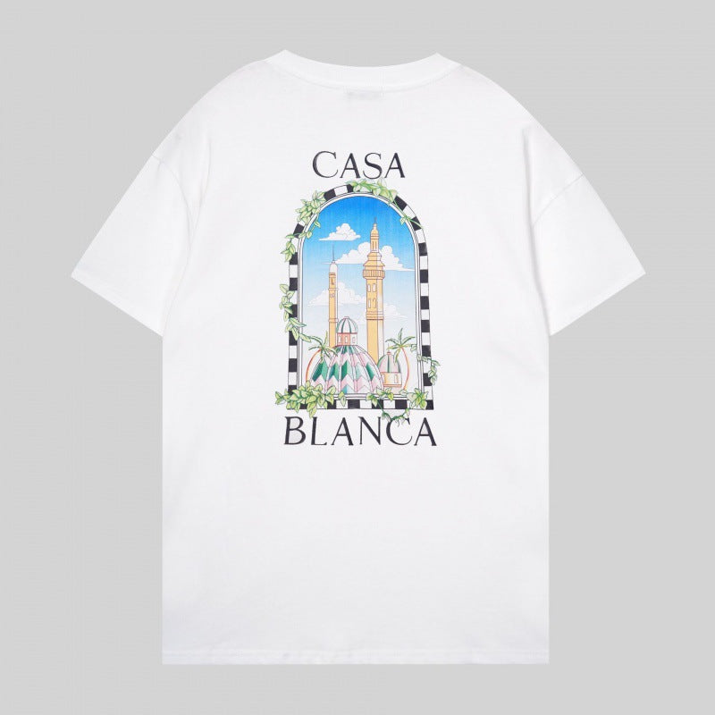 Loose-fit short sleeve t-shirt with blue and white floral script print