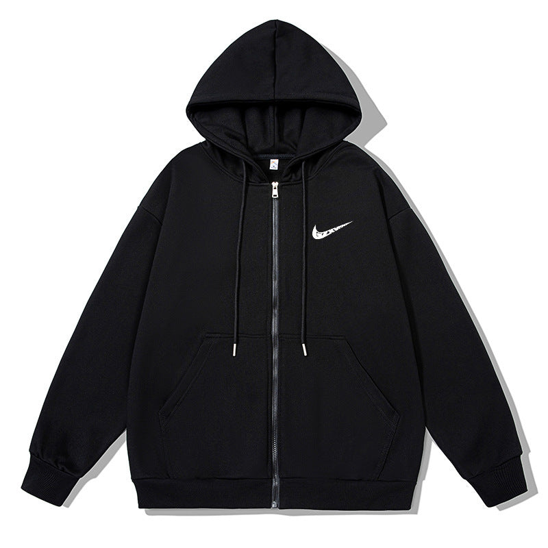 Black full-zip fleece-lined hoodie with drawstrings and kangaroo pocket