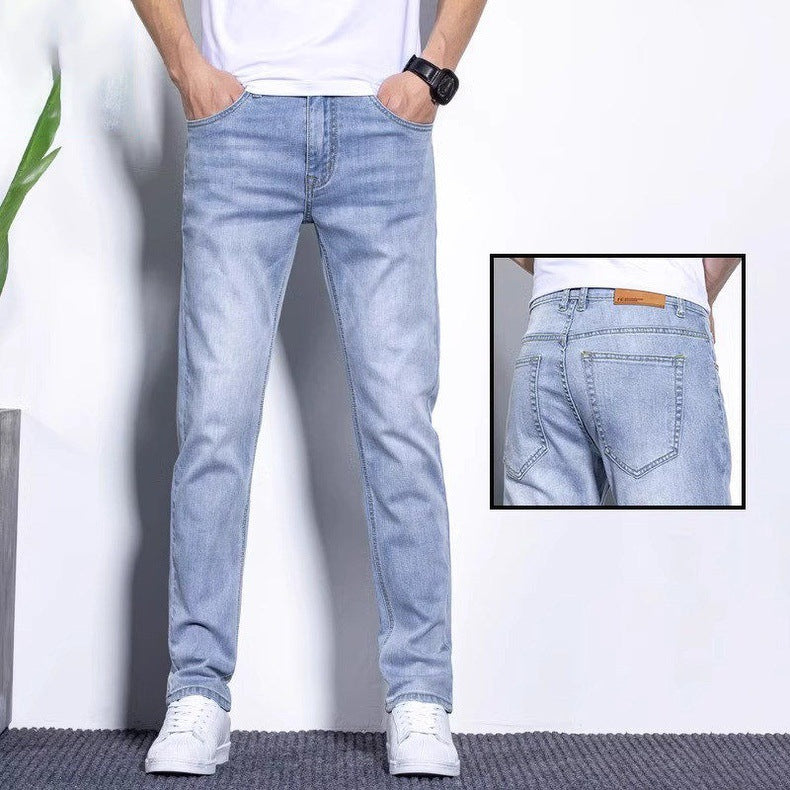 Lightweight stretch denim jeans with slim fit and tapered leg