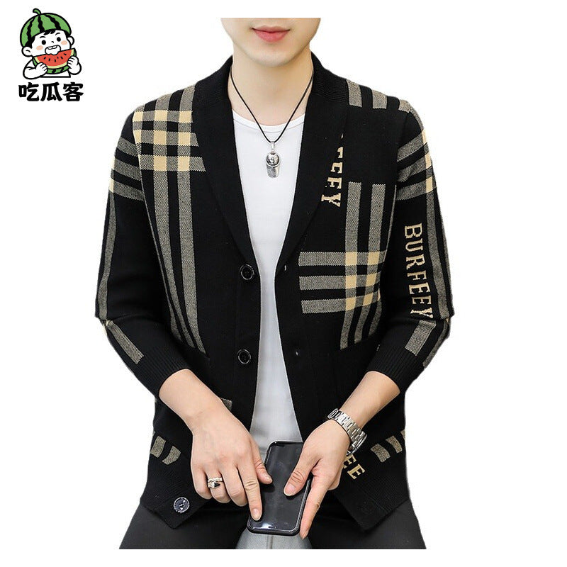 Contrast-Panel Knitted Cardigan with Beige Plaid and Letter Detail