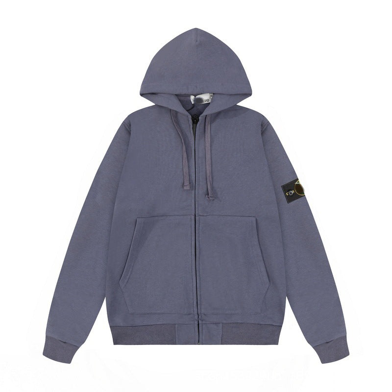 Solid-color hooded zip-up jacket with embroidered badge