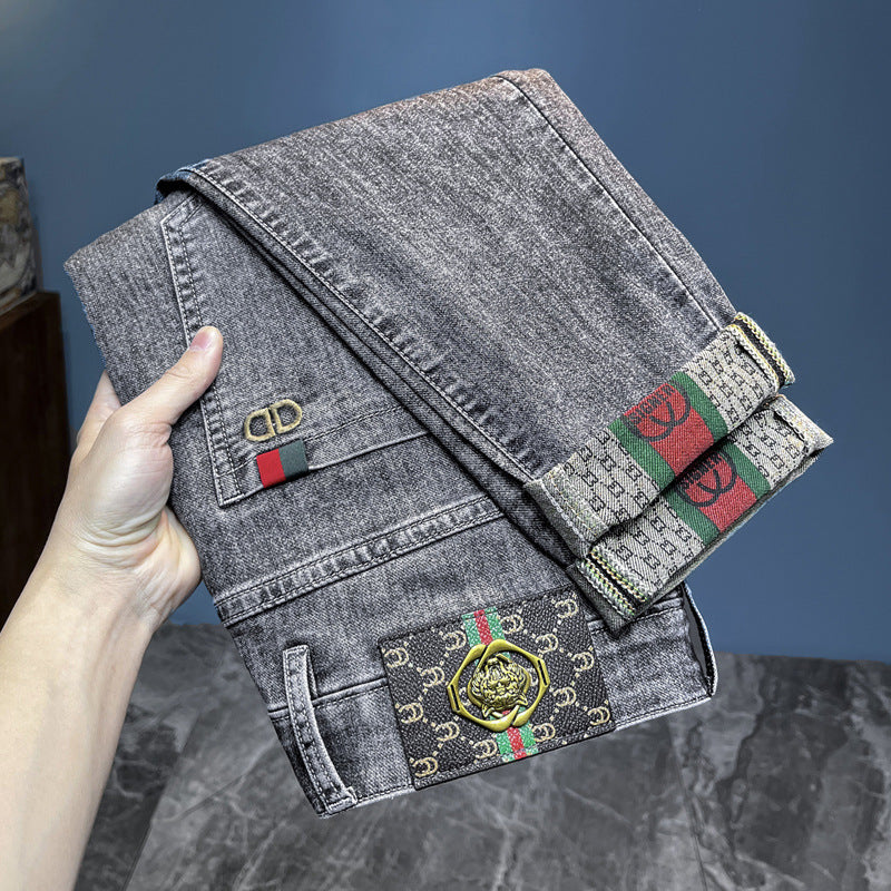 Straight-leg denim jeans with embroidered details