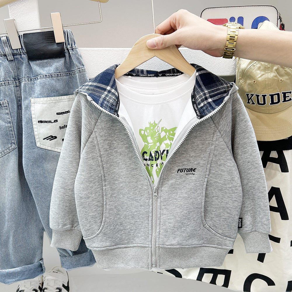 Gray or Navy Hooded Windproof Jacket with Check-Lined Interior
