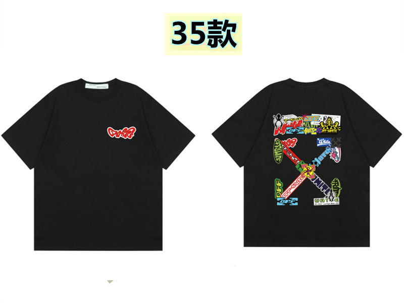 Round neck short sleeve cotton t-shirt with front 'Off' print and large back arrow graphic