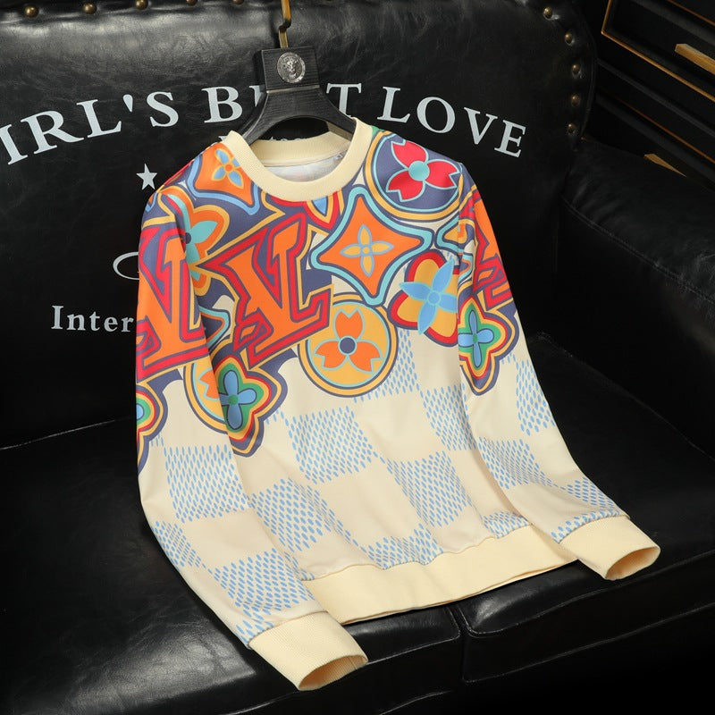 Floral and star print sweatshirt with blue check lower half