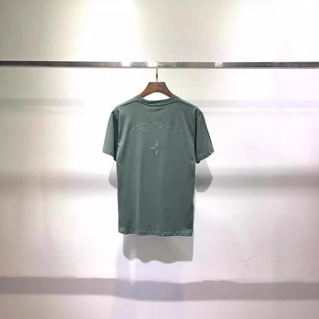 Crew-neck short-sleeve cotton T-shirt with embroidered star motif and reflective thread detail