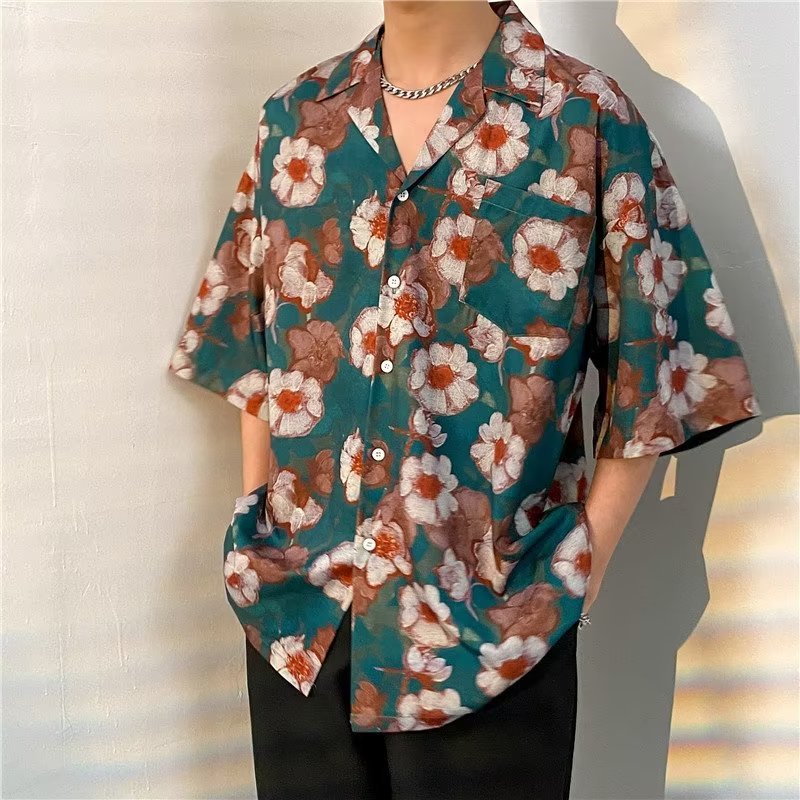 Tropical leaf print short sleeve button up shirt