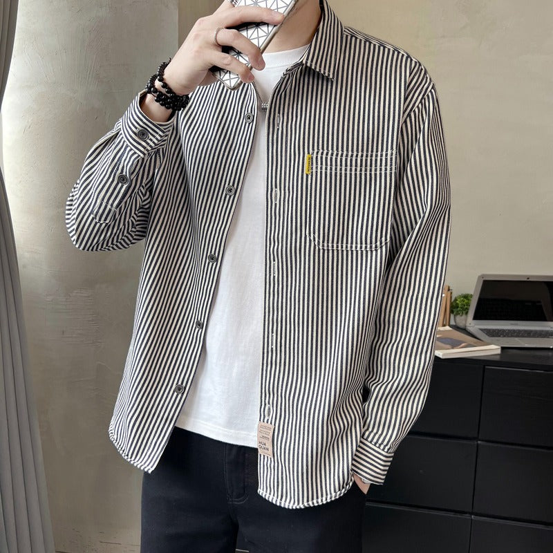 Black-and-white striped long-sleeve button-up shirt