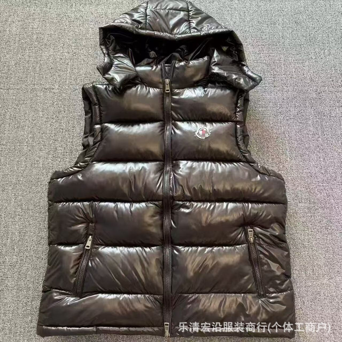 Ribbed Black Puffer Vest with Diagonal Zipper and Stand Collar