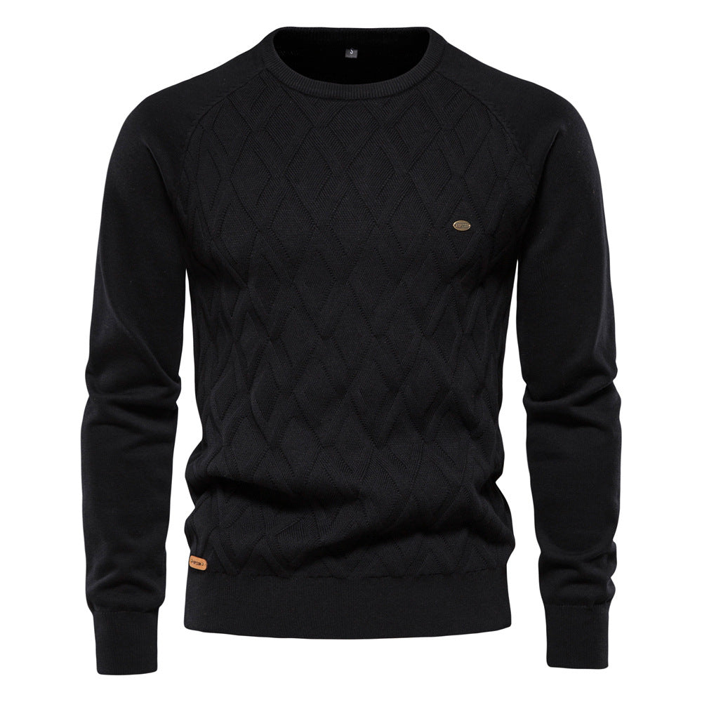 Diamond-Knit Cotton Crewneck Sweater in Khaki, Black, Green, Blue, Red, or Brown