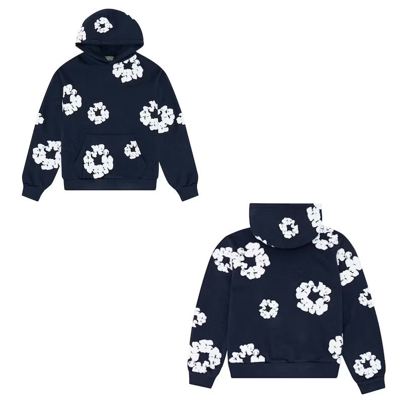 Floral foam-print pullover hoodie with hood and relaxed fit