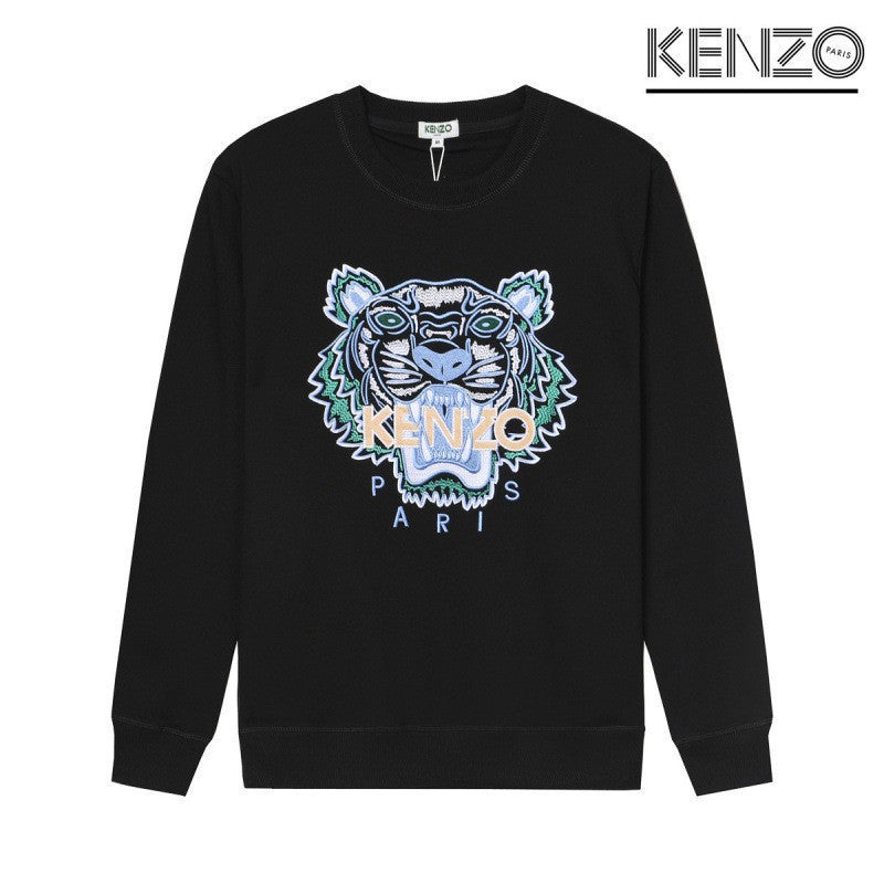 Black Terry Crewneck Sweatshirt with Embroidered Tiger Motif
