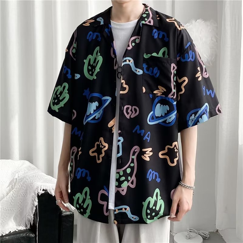 Tropical leaf print short sleeve button up shirt