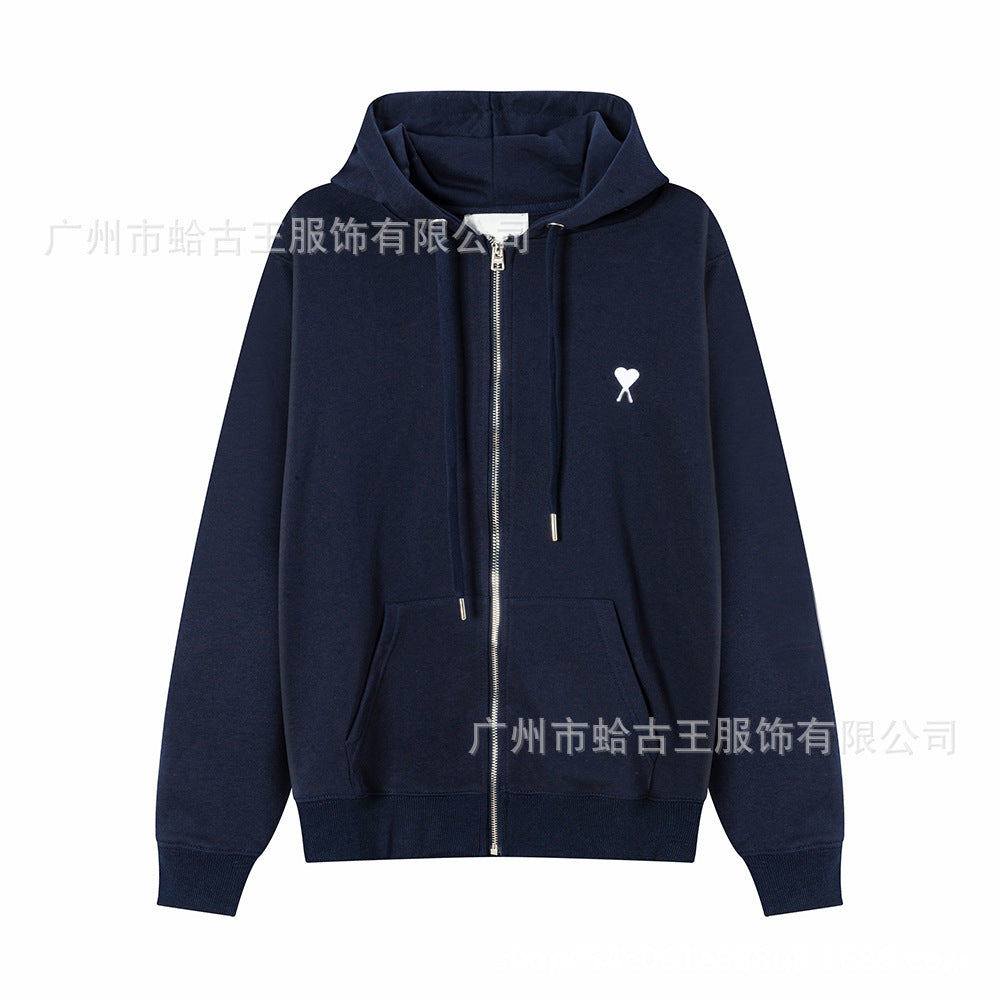 Black cotton-blend full-zip hoodie with white embroidered heart detail