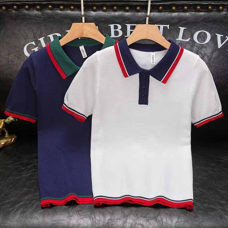 Colorblock knit polo shirt with contrast collar and cuffs