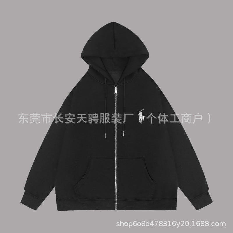 Black cotton-blend zip-up hoodie with relaxed fit and kangaroo pocket